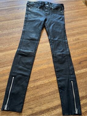 True Religion Halle 100% Lambskin Leather Skinny Pants w/ Ankle Zips 25
